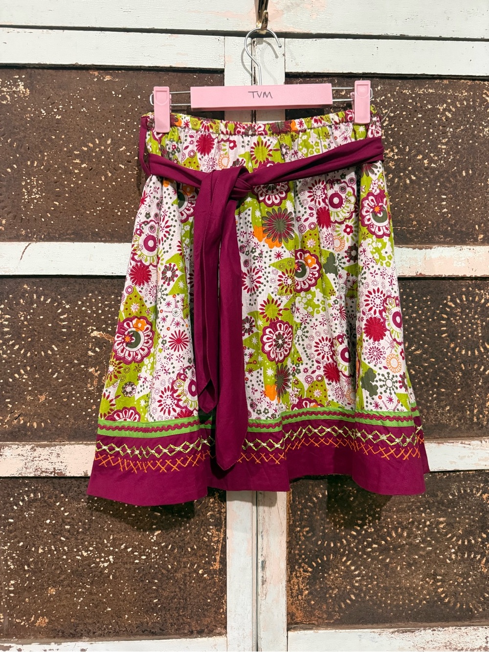 Double D Ranch Floral Circle Mini Skirt in Berry and Green.  Size Small